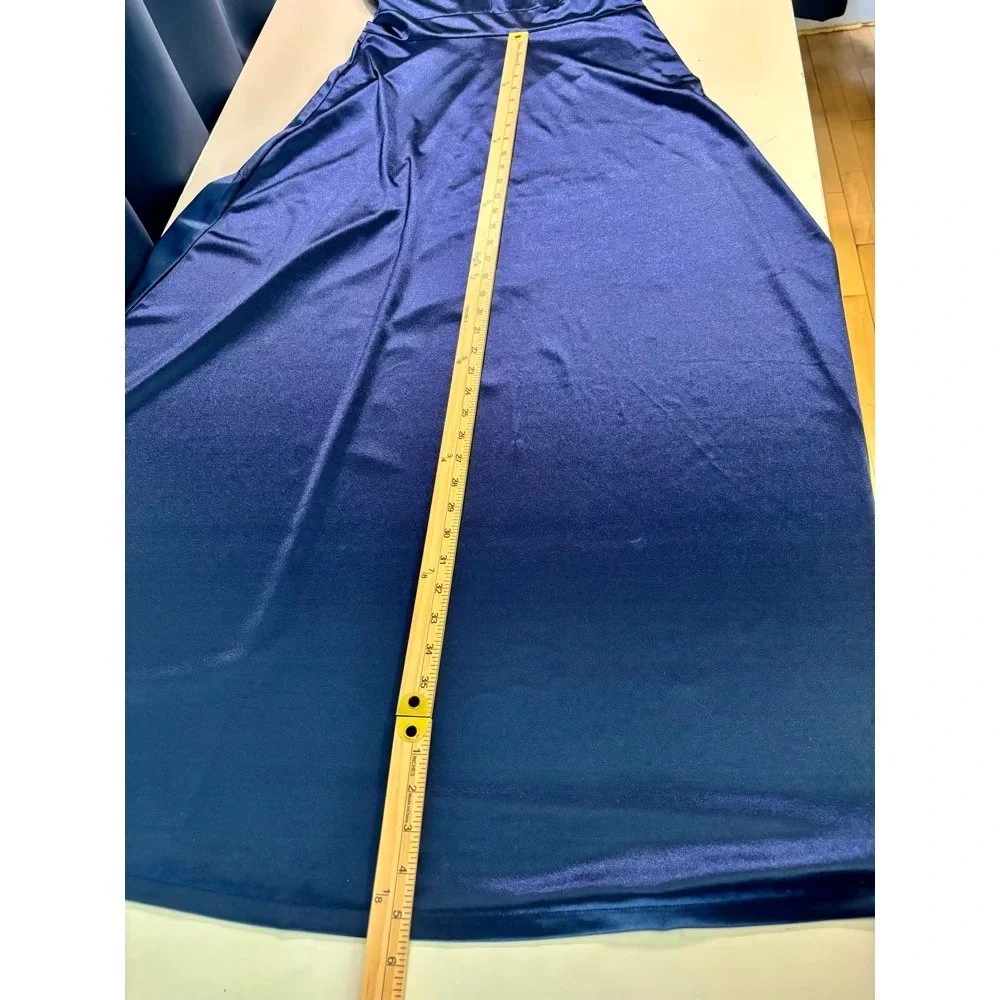 NWT Haisora Blue Satin Halter Neck Maxi Dress‎ Bow Tie Detail Sz XL Prom Formal